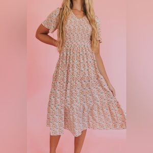 Coral Ditsy Print Midi Dress